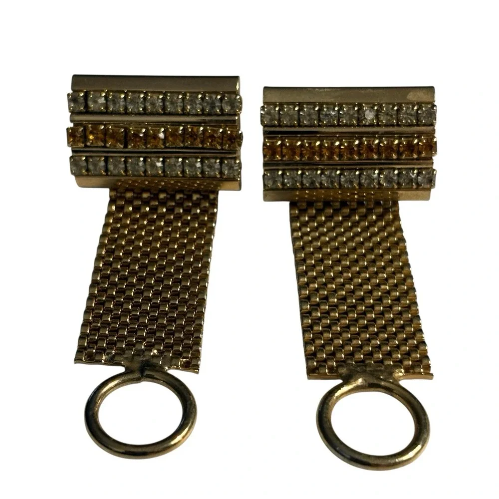 Vintage Cufflinks Yellow & Clear Rhinestone Gold Tone Mesh Wrap Around MCM Retro